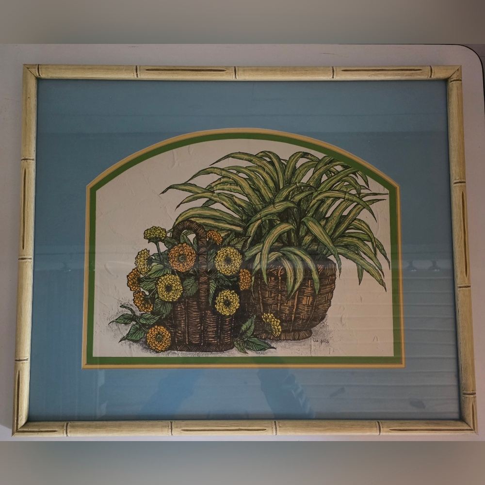 Vintage Framed Ida Pellei "Orange Zinnias And Greenery" Print 23"x19"